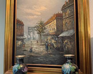 Paris Scene Arc de Triomphe Oil Painting by Buenard, Pair of Black & Floral Cloisonné Vases