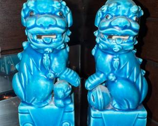 Pair of Chinese Blue Glazed Foo Dog Figurines
