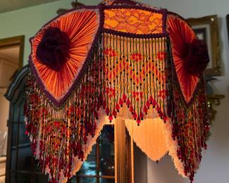 Victorian Style Floor Lamp with Jewel-Tone Beaded Fringe and Rosette Accents