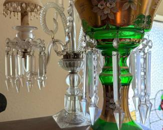 Pair of Green & Gold Glass Mantle Lusters Crystal Prisms, Pair of Glass Prism Double Arm Lamps