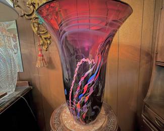 Dutch Schulze Art Glass Vase, Ornately Carved Wood Plant Stand with Soapstone Top