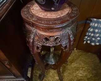 Ornately Carved Wood Plant Stand with Soapstone Top