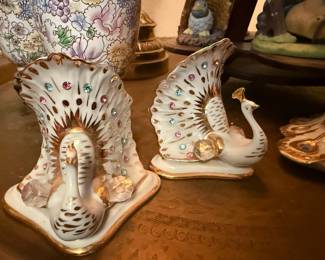 Pair of 4" Capodimonte Italy Polaris Swarovski Crystals Peacocks