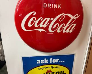 Large Coca-Cola Button Sign, Pennzoil "Ask For Pennzoil" Metal Sign