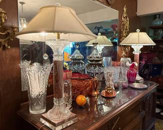 Pair of Marble Crystal Column Table Lamps