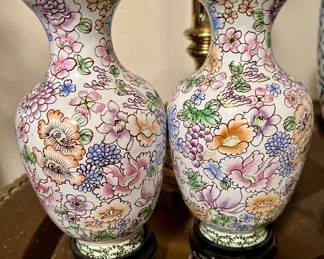 Pair of Chinese Floral Enamelware Vases on Wood Stands