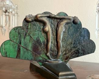 Art Deco Colorful Slag Glass Harmony Figural Lamp