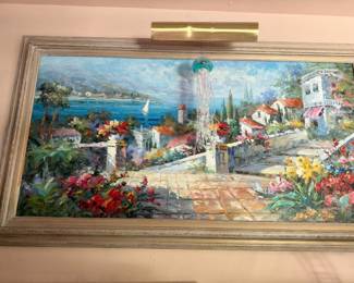 Framed Mediterranean Ocean View Oil Painting