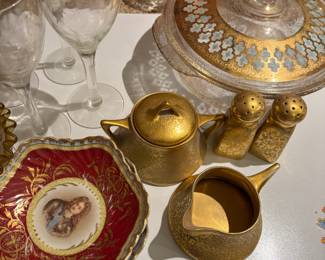 Gold Glazed Sugar & Creamer Pitcher with Matching Salt & Pepper Shakers, Georges Briard by Fire King 24Kt Gold Gilded 2 Quart Covered Casserole Dish