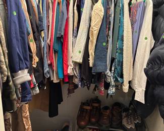 Clothes of variety of sizes, shoes of variety of sizes, insoles in brand, new condition and more