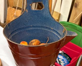 Vintage enamelware hanging milk bucket