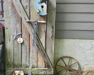 Vintage barn door & reel mower