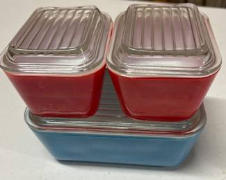 Vintage blue &red Pyrex refrigerator dishes