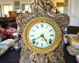 Ansonia "Crest" spelter clock and key
