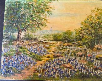 Unsigned impasto oil on masonite of bluebonnets with state capitol dome in the distance. Possibly one of the Downy sisters.