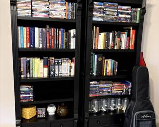 Books, CDs, DVDs, and a NEW acoustic guitar! Bookcases for sale, too!