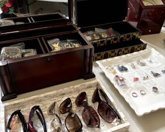 Designer sunglasses, jewelry, and accessories - plus jewelry boxes, display trays, and even a watch winder!