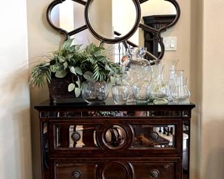 Gorgeous mirrored chest, wall mirror, and various glass vases!