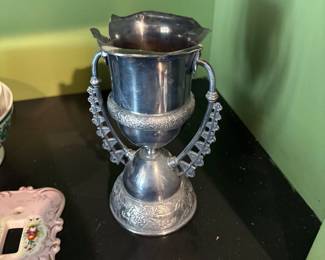 vintage silver plated trophy with decorative handles 