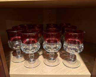 Tiffin Kings Crown Thumbprint Ruby Red Glass set of footed wine glasses 