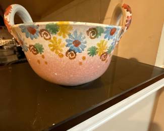 Italian Terra Cotta Ceramic Basket Bowl with Handles 