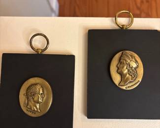 vintage Westwood Chadwick brass intaglio on a wood wall plaque 