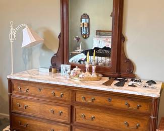 Walnut Marble topped dresser with Mirror 