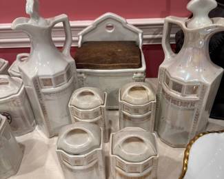 White Block Lusterware covered condiment containers 