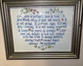 "Love is Patient, Love is Kind" hand stitched embroidery 