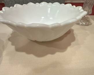 Indiana Glass "Wild Rose" Cabbage Leaf Milk Glass Serving Bowl 