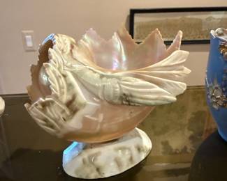 victorian Hand carved conch shell basket bowl 