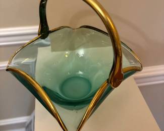 Decorative Murano Green Glass Basket with Gold Trim 