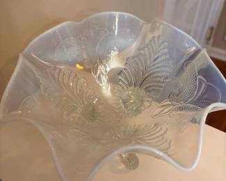 3 footed Jefferson Glass White Opalescent ruffled bowl 
