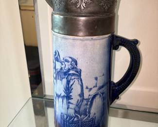 vintage cobalt flow blue pitcher or Stein topped with pewter spout 