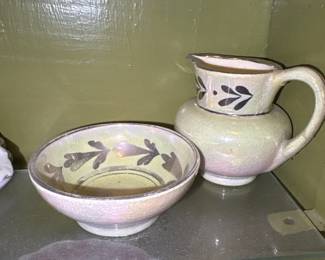 Copper Lusterware pitcher and small bowl 