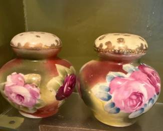 Nippon Hand Painted Green Leaves with Red and Pink Roses Salt & Pepper Shakers
