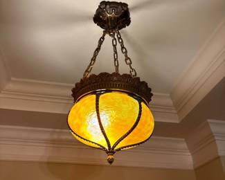 Vintage Caramel Slag Glass Hanging Swag Lamp 