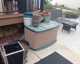 Bench, yard storage box and planters