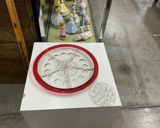 Franciscan Kings Crown ruby Tiffin Indiana Glass Partitioned Platter & Clear Glass Flower Frog