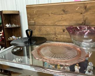 Black Amethyst Glass Tray - Pink Depression Glass Cake Platter - Anchor Hocking Bowl