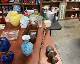 Assorted Items - Blue Oil Lamp * Vase * Ashtray * Amber Glass Loaf Pan * Custard Cups Vase * Ginger Jar
