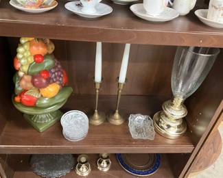 Vintage Ceramic Topiary Mixed Fruit on Base - Glass Coasters - Brass Candlestick Holders - Trinket Dish - Baldwin Brass Hurricane Lamp Candle Holder