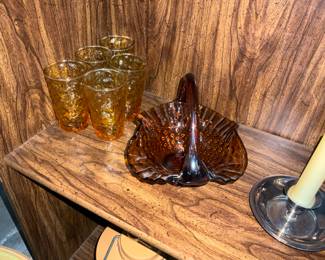 Anchor Hocking Milano Honey gold Juice Glasses & Fenton Dark Amber Hobnail Basket