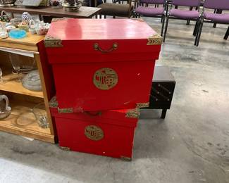 Vintage Chinese Red Marriage Chests w/Brass Hardware
