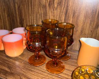Amber Indiana Glass King's Crown Thumbprint Goblets