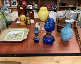 Assorted Items - Brown Bottles * Armbee Bear Honey Pot * Japanese Jade Green Gold Peacock Tray * Cobalt Blue Oil Lamps * Ashtray