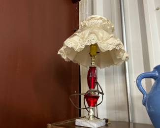 Red Glass & Marble Table Lamp