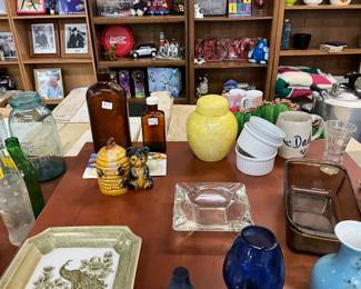 Assorted Items - Brown Bottles * Armbee Bear Honey Pot * Japanese Jade Green Gold Peacock Tray