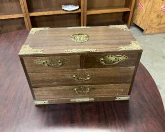 Japanese Tansu Jewelry Box - Wood w/Brass Hardware