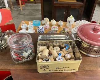 Assorted Buttons in Jar & Wooden Thread Spools
